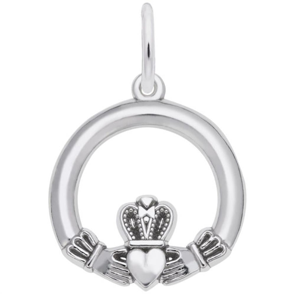 The Rembrandt Charms Claddagh Charm in sterling silver showcases a circle design with two hands clasping a crowned heart at the bottom center. The pendant includes a small loop at the top for easy attachment to a chain.