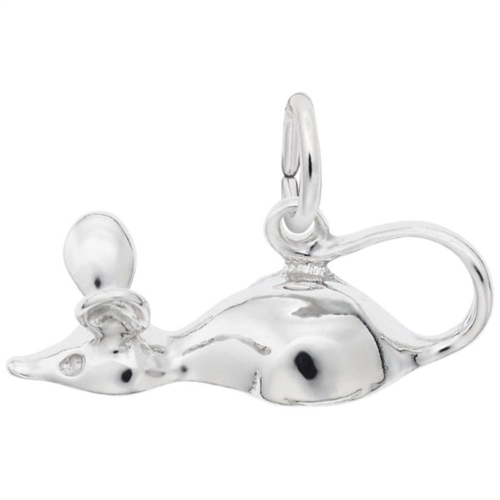 Image showing the Mouse Charm from Rembrandt Charms. The sterling silver charm features a delicately crafted mouse, capturing its playful and curious nature. The dimensions are 0.81 inches by 0.32 inches (20.67 mm x 8.18 mm). This charm adds a touch of whimsy and endearing detail to any collection. Style number 1498.