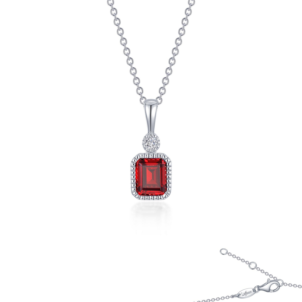 The Lafonn JAN sim diamond, garnet necklace showcases a rectangular red garnet pendant framed by sparkling simulated diamonds on a delicate chain, with an extra round clear stone set above the pendant near the bail.
