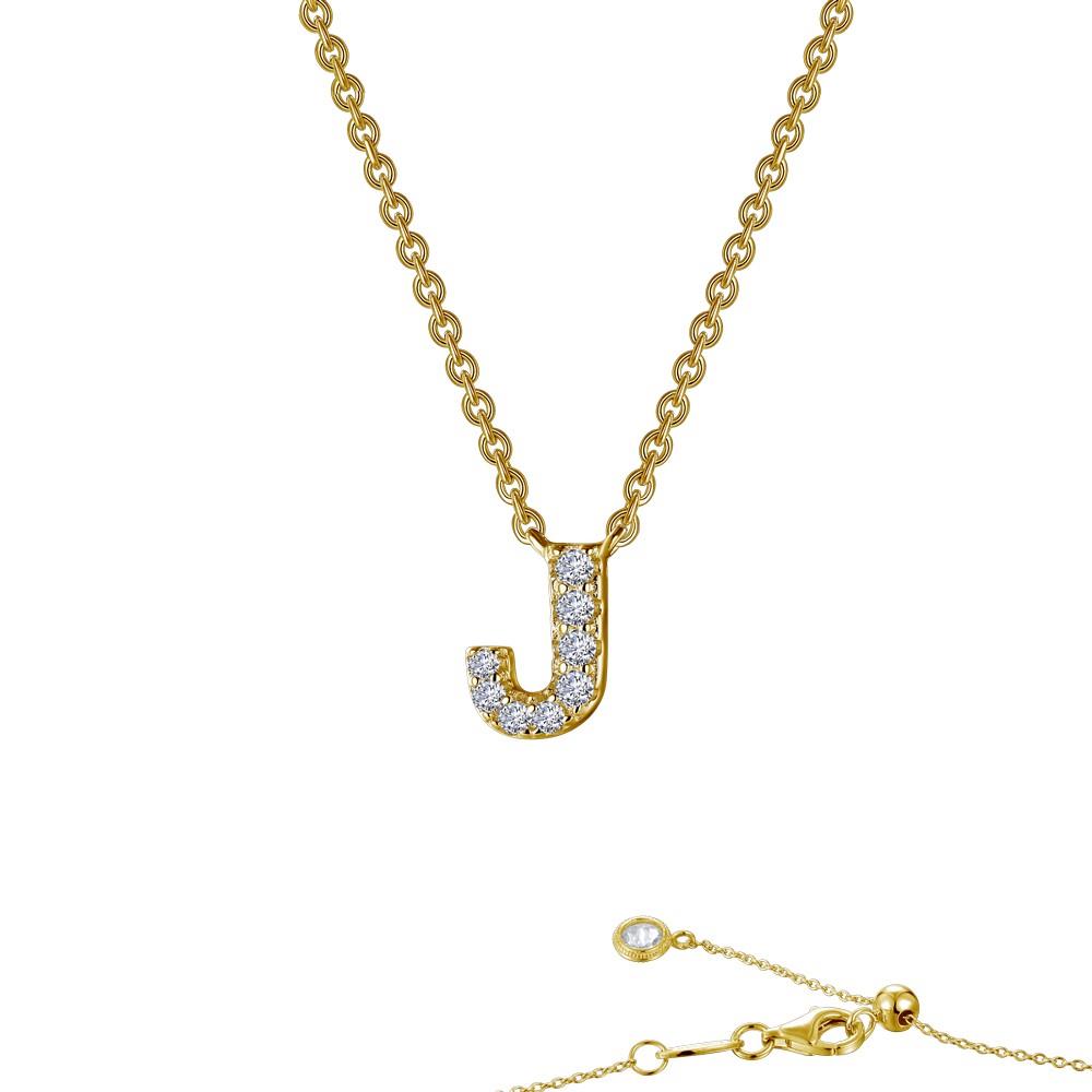 The Lafonn Letter J Pendant Necklace in gold showcases a chain with a pendant encrusted with small diamonds. The necklace features an adjustable clasp adorned with decorative beads.