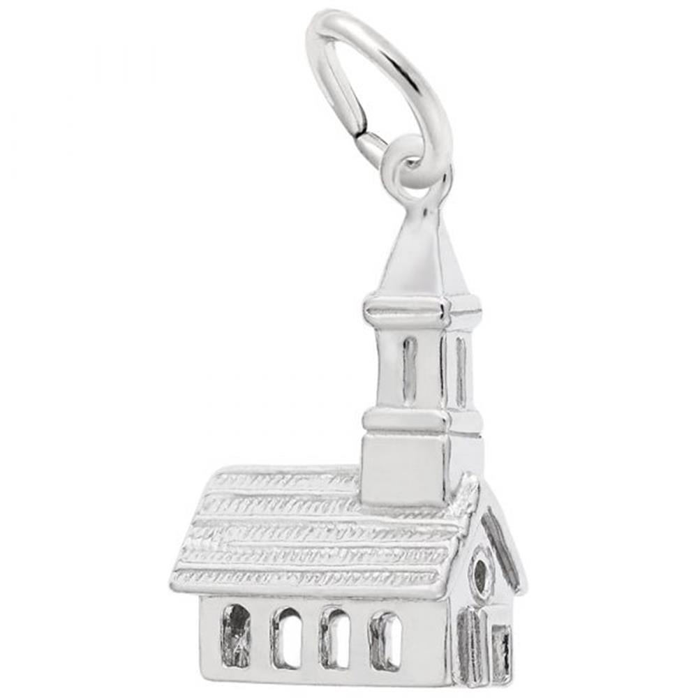 The Rembrandt Charms Church Charm, crafted in sterling silver, is designed in the shape of a church with intricate details including a roof, windows, and steeple. It features a small ring at the top for easy attachment to bracelets or necklaces.