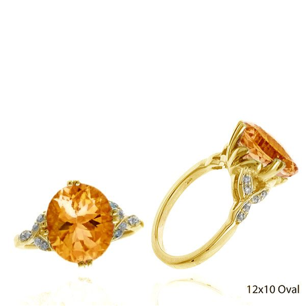 Two gold rings are shown. One ring showcases a large citrine gemstone surrounded by smaller diamonds on a yellow gold band, while the other displays its side profile. Text says "12x10 Oval" in the corner. Product: R12881CT (Ryan Gems).