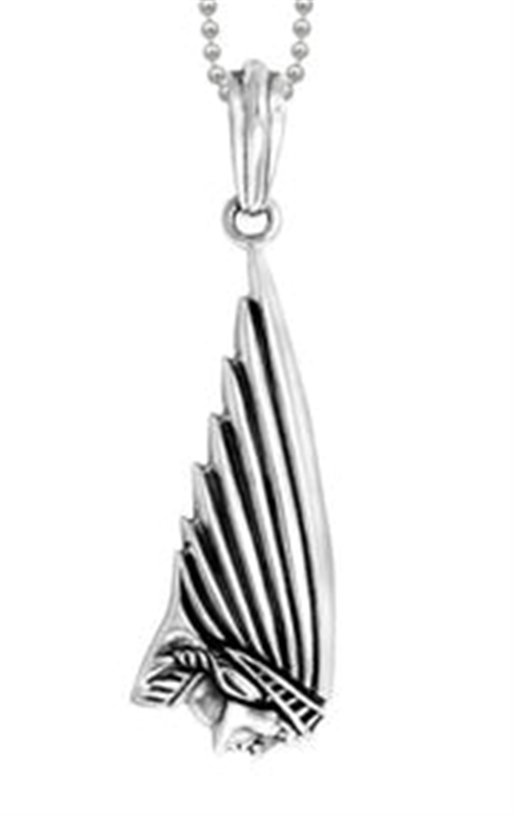 The SS large Indian headdress pendant by King Baby features intricate detailing and an abstract wing shape, reminiscent of a large Indian headdress. Attached to a silver chain with small, spherical links, the design combines smooth and textured surfaces for a dynamic and elegant appearance.