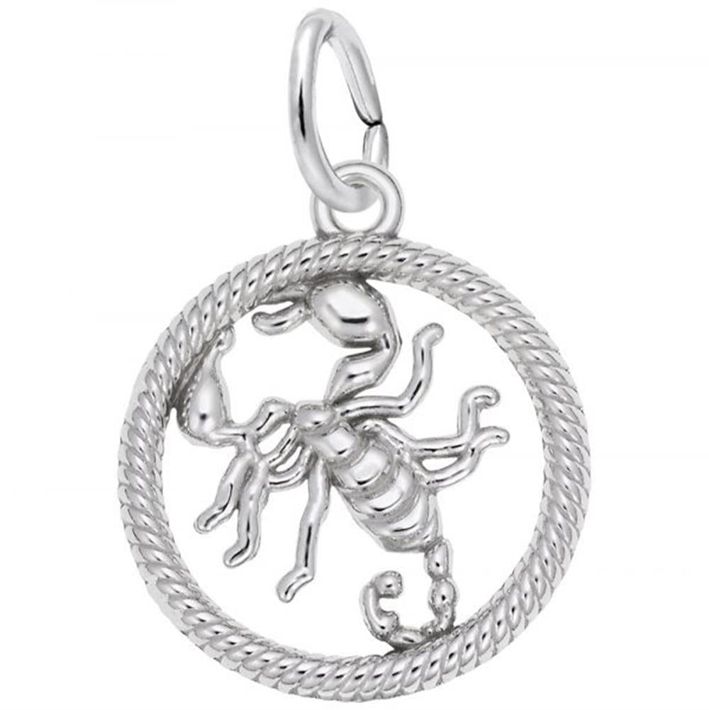 The Scorpio Charm by Rembrandt Charms is a sterling silver pendant that features an intricately detailed scorpion design encased within a circular, rope-like frame. Perfect for those embracing their Scorpio Zodiac sign, the handcrafted scorpion showcases its legs, pincers, and tail. This charm includes a small ring at the top for easy attachment to a chain or necklace.