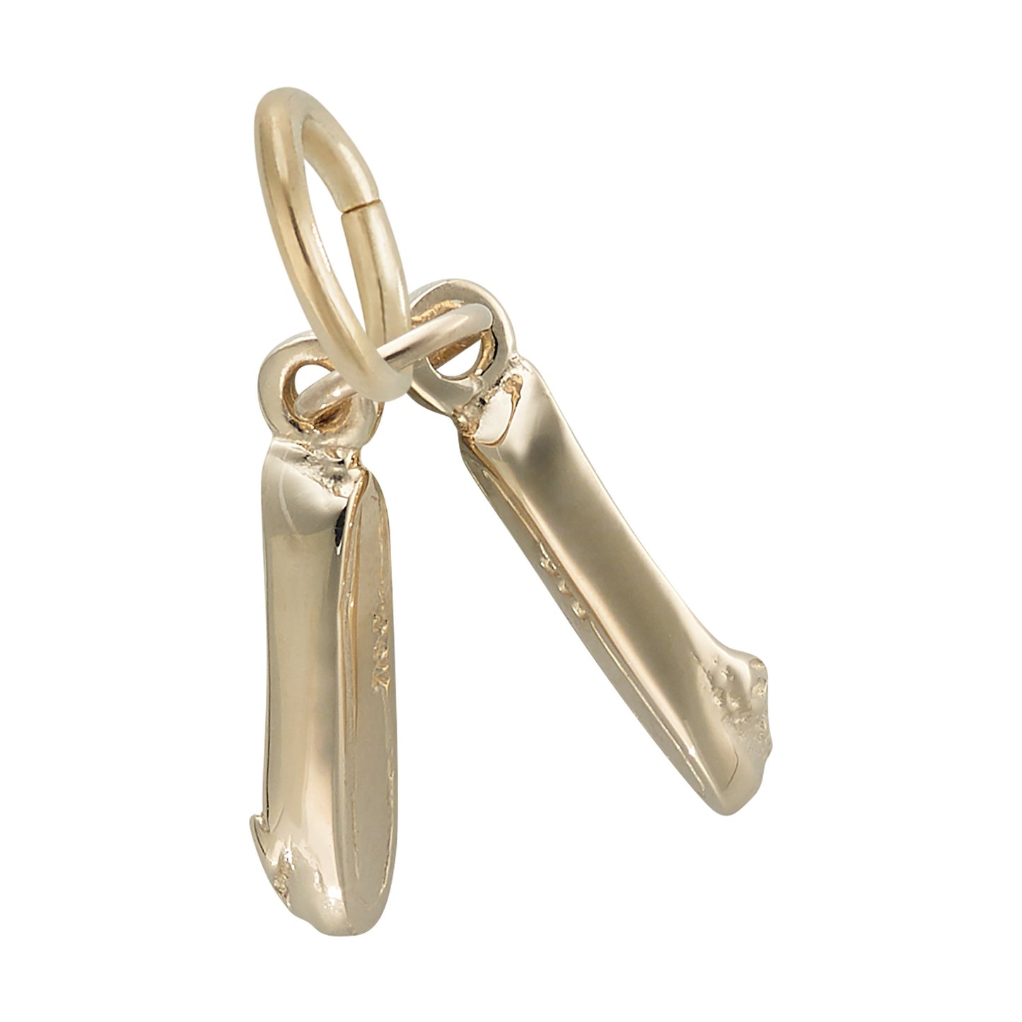 Introducing the Pair of Ballet Shoes Charm in gold plate from Rembrandt Charms—a delicate pendant featuring two ballet shoe charms hanging side by side from a circular loop, making an elegant dance gift that beautifully complements ballet slippers or other cherished keepsakes.