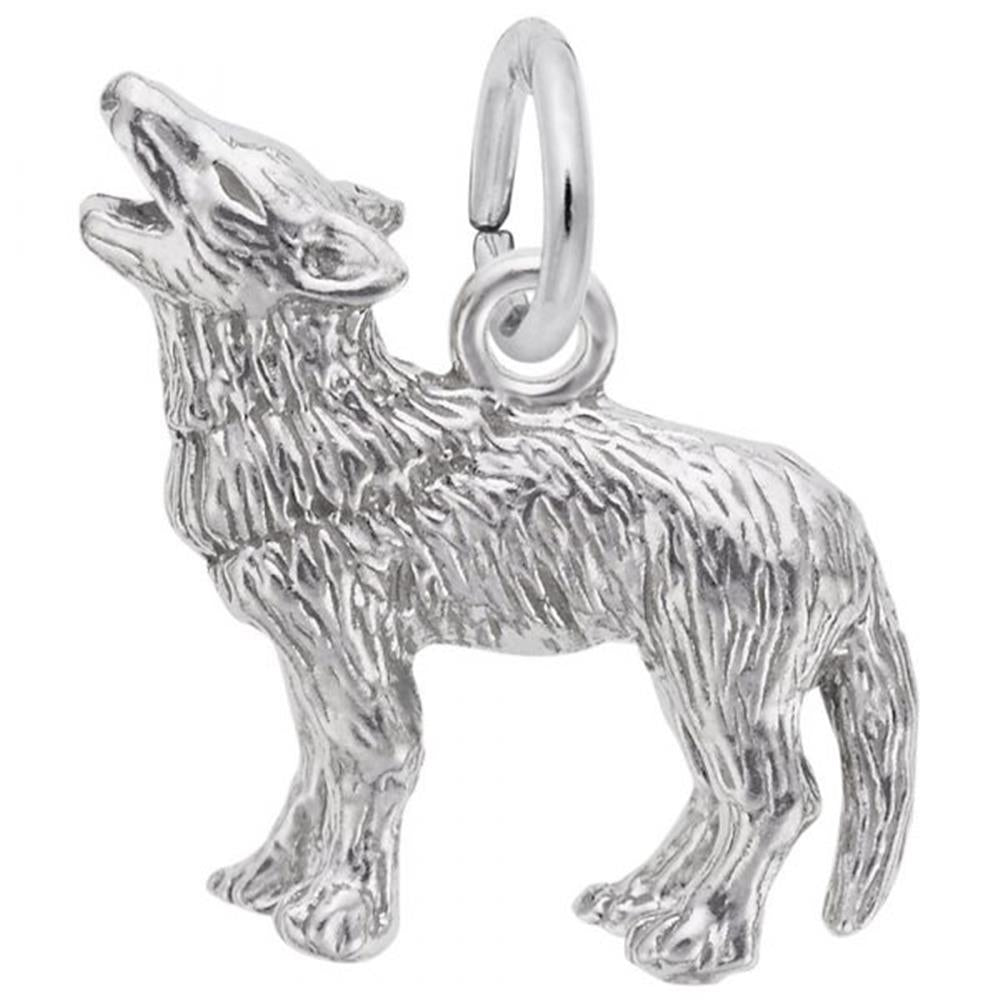 A detailed Rembrandt Charms Wolf Charm, shaped like a howling wolf, features intricate fur textures and a small loop at the top for attaching to a chain or bracelet.
