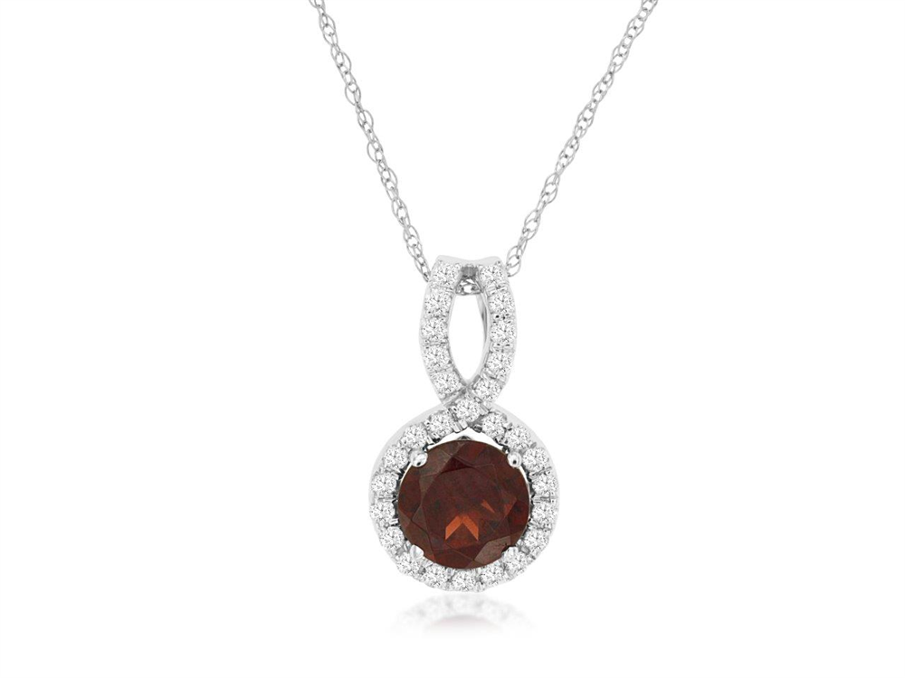 Royal Jewelry's Garnet and Diamond pendant is a silver necklace showcasing an elegant large round garnet center, encircled by sparkling diamonds on a delicate chain.