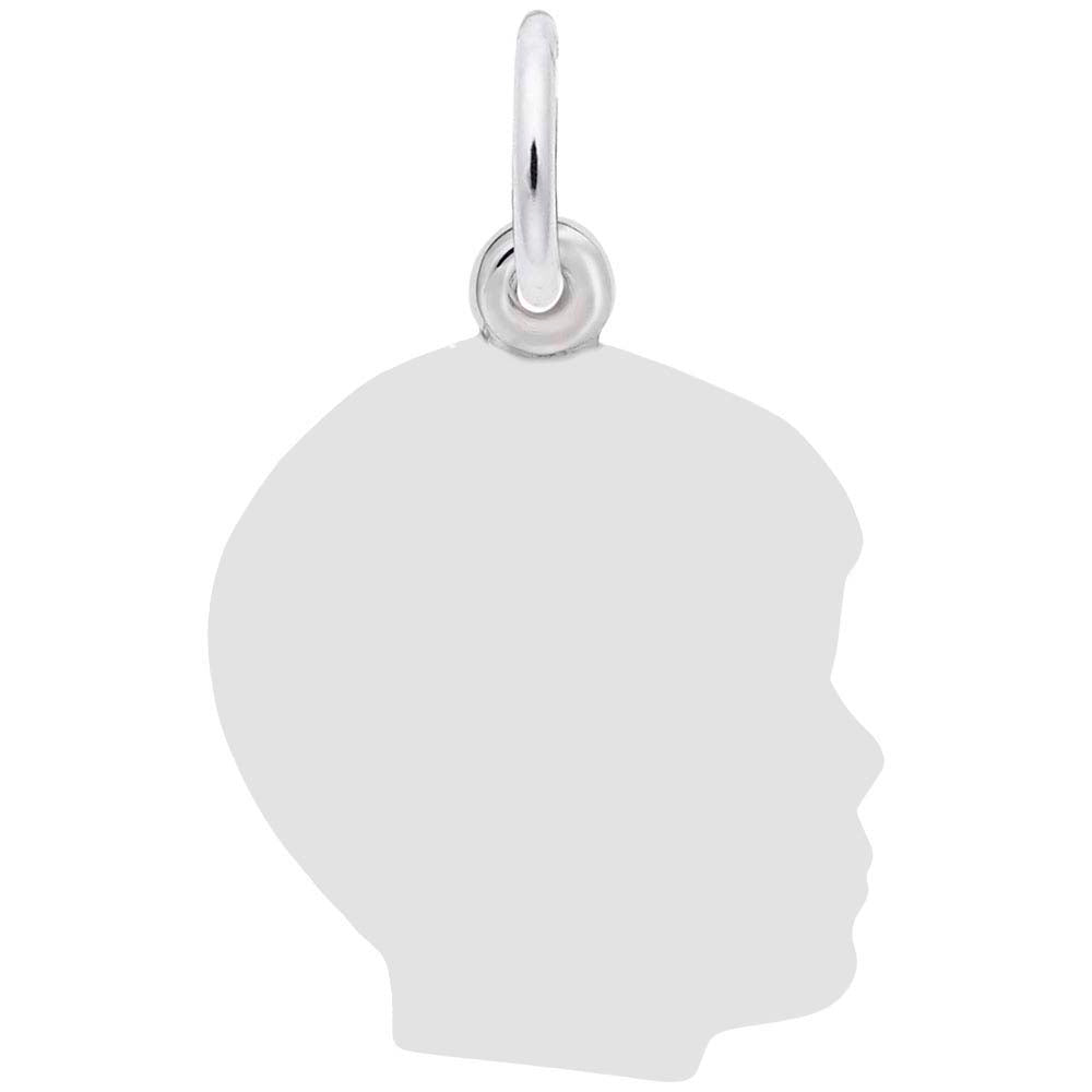 The Rembrandt Charms Engravable Boy Head Charm is a sterling silver pendant shaped like a boy’s side profile, with a top loop for attaching to a chain.
