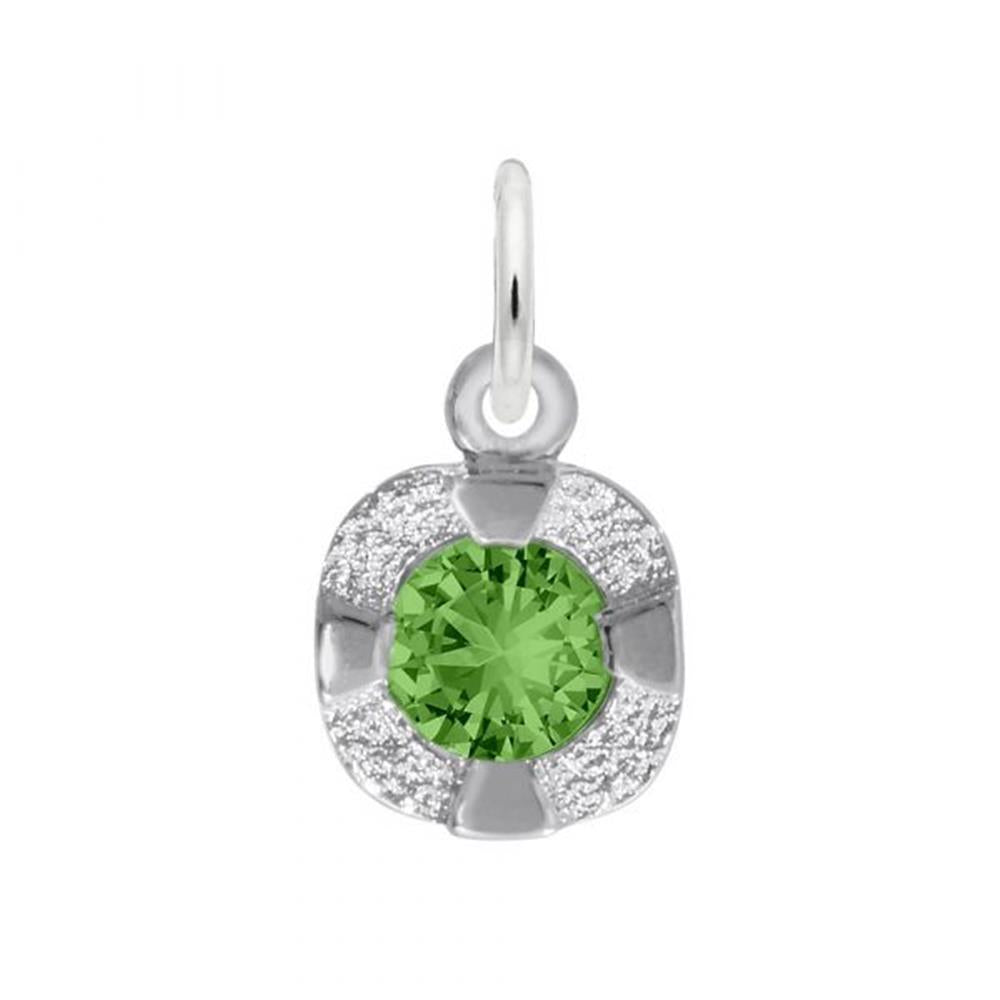 Introducing the Petite Birthstone - May Charm from Rembrandt Charms: a delicate sterling silver pendant featuring a vibrant green gemstone, the May birthstone, at its center. It is encircled by small shimmering crystals in a rounded, floral-inspired design and includes a petite loop at the top for easy attachment to any chain.