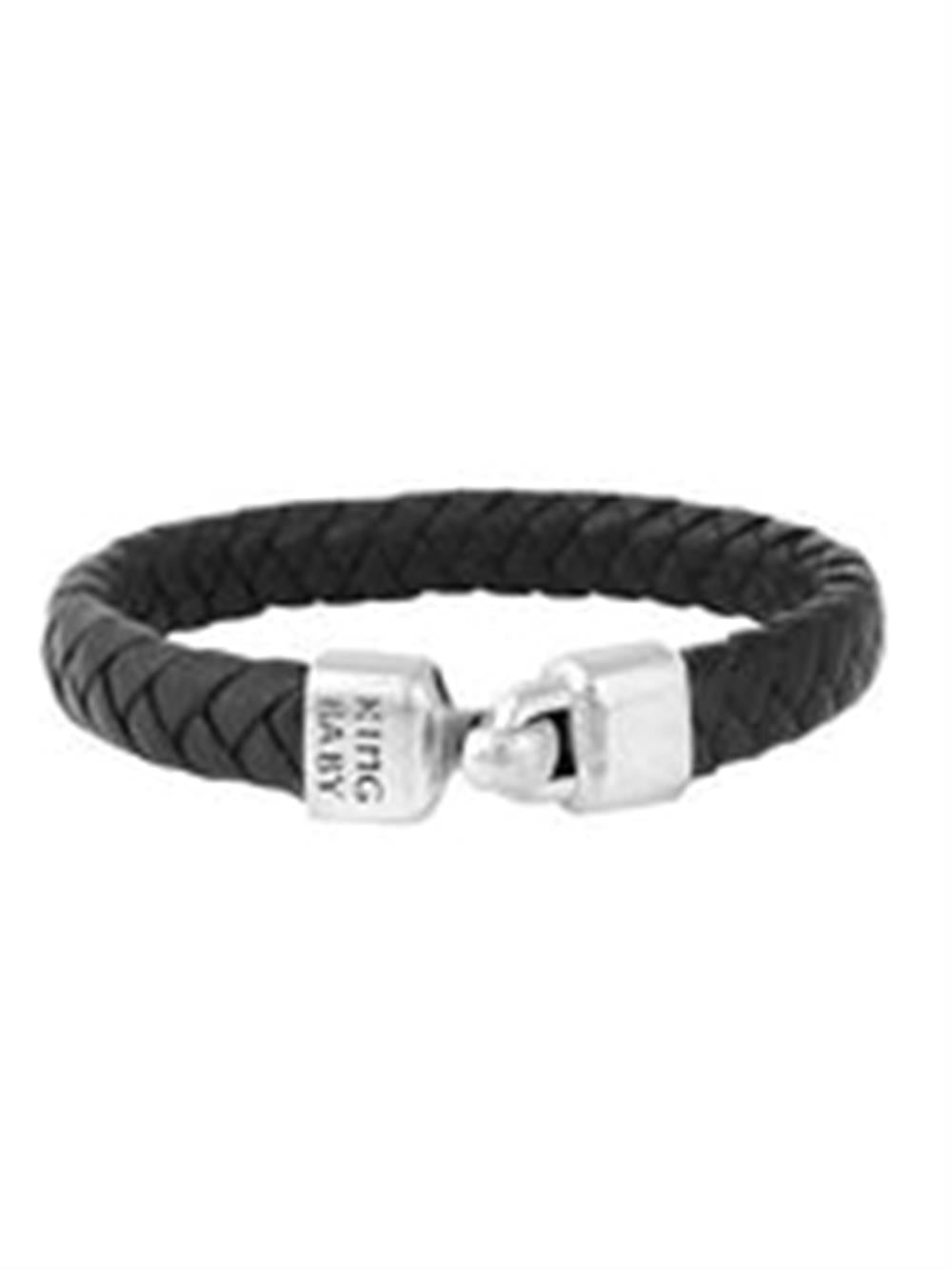 The "Small Braided Leather & Silver Bracelet" by King Baby is a sleek, modern accessory featuring a black braided genuine leather design and a metallic clasp engraved with "KING BABY." Handmade in the USA, this stylish bracelet is the perfect addition to any outfit.