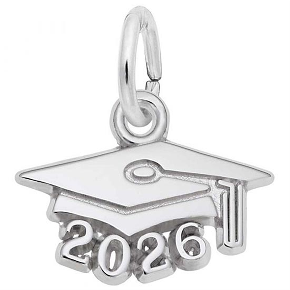 The Rembrandt Charms Grad Cap 2026 is a silver charm featuring "2026" beneath the brim and a top loop for easy attachment—perfect for commemorating the class of 2026.