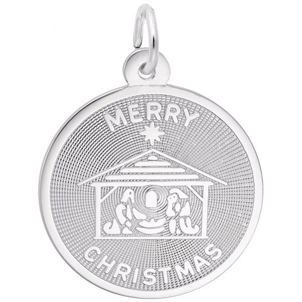 The Merry Christmas Nativity Charm from Rembrandt Charms is a sterling silver Christmas ornament, showcasing an engraved nativity scene with Mary, Joseph, and baby Jesus in a stable. The words "Merry Christmas" are engraved above and below the scene, accompanied by a prominent star at the top of the ornament.