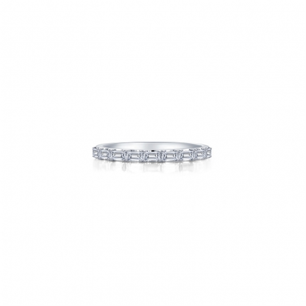 The Lafonn RG CL S.S. PT 0.9 CTW Baguette Stackable Band is a stunning silver eternity band, featuring rectangular-cut stones in a continuous, symmetrical pattern encircling the ring. Perfect for adding elegance when stacked, this piece is beautifully showcased against a white background.