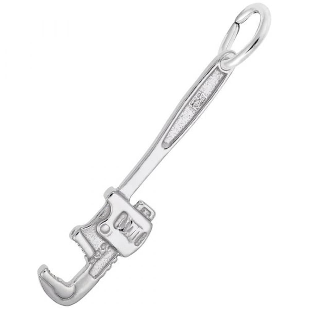 A Wrench Charm / Sterling Silver from Rembrandt Charms with intricate detailing hangs from a small loop at the top. The charm showcases the shape of an adjustable pipe wrench, commonly used by plumbers, with a realistic design.