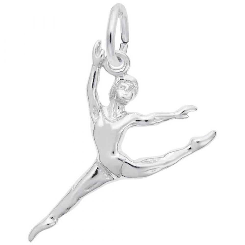 The image shows the Sterling Silver Leaping Ballet Dancer Charm from Rembrandt Charms. The charm is crafted in sterling silver and features a detailed design of a ballet dancer in mid-leap. It measures 0.88 inches by 0.78 inches (22.3 mm x 19.92 mm) and has the style number 3449. This charm is a perfect keepsake for dancers and ballet enthusiasts.