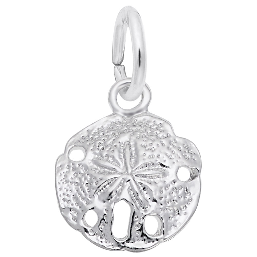 The Sand Dollar Small Charm by Rembrandt Charms is crafted from sterling silver, featuring intricate detailing with a central design that resembles a five-pointed star and small holes around the edges. This beautiful charm is equipped with a metal loop, making it perfect for adding to any bracelet or necklace.