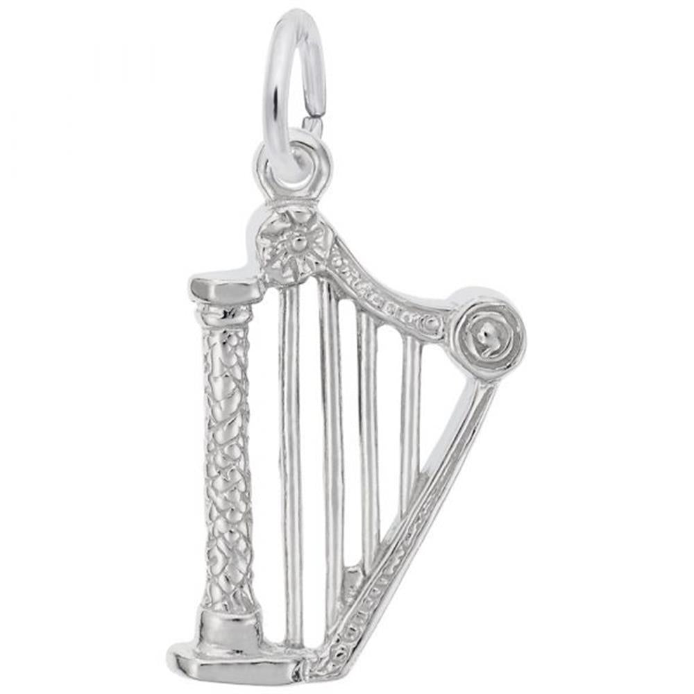 The Rembrandt Charms Harp Charm in sterling silver is exquisitely crafted with intricate details. This charm features a small loop at the top, making it perfect for attaching to a bracelet or necklace. The harp is adorned with Celtic knot designs along its frame, enhancing its ornate appearance.