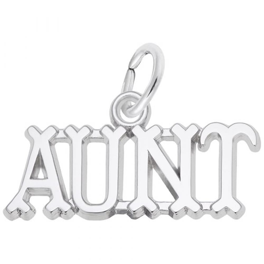 The image shows the Sterling Silver Aunt Charm from Rembrandt Charms. The charm features the word "AUNT" in bold, elegant letters, beautifully crafted from sterling silver. Its dimensions are 0.89 inches by 0.33 inches (22.62 mm by 8.39 mm), and the style number is 3275. This charm makes a perfect gift to celebrate and honor the special bond between you and your aunt