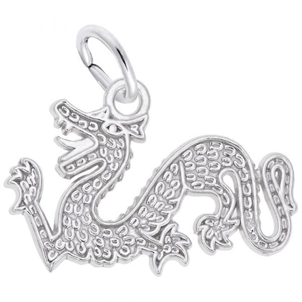 A sophisticated accessory, the Dragon Charm in Sterling Silver from Rembrandt Charms features detailed engravings and a loop at the top for attaching to a chain or bracelet. The dragon, reminiscent of Rembrandt Charms' exquisite craftsmanship, has an open mouth and a textured body with scales and claws.