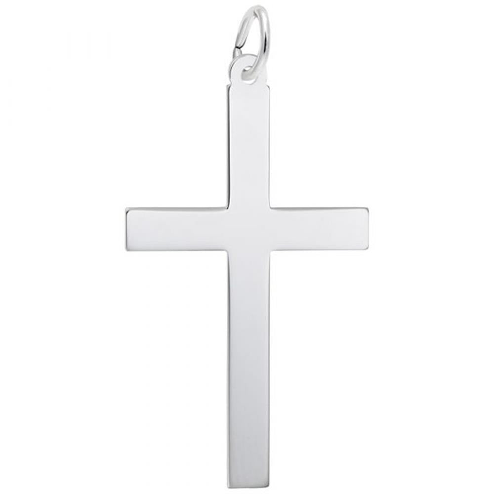 The Extra Large Plain Cross Charm in Sterling Silver from Rembrandt Charms features a smooth, reflective surface and includes a small loop for attaching to a chain. Its elegant design makes it a stunning addition to any collection against its plain white background.