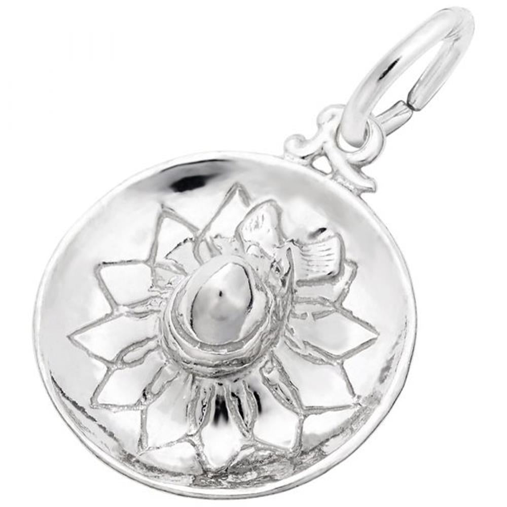Here is a revised sentence incorporating the given product data:
The Sombrero Charm by Rembrandt Charms is an elegant pendant crafted meticulously from sterling silver. This exquisite piece of jewelry features a central egg-shaped stone surrounded by a lotus flower design with detailed petals, and has a small loop at the top for attaching to a necklace or bracelet.