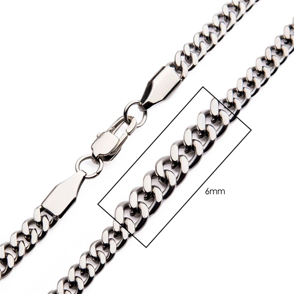 A close-up image of the INOX 6mm Steel Diamond Cut Curb Chain necklace with interlocking links. A lobster clasp is shown in the center, and a rectangle outlines a section of the chain, indicating its width.