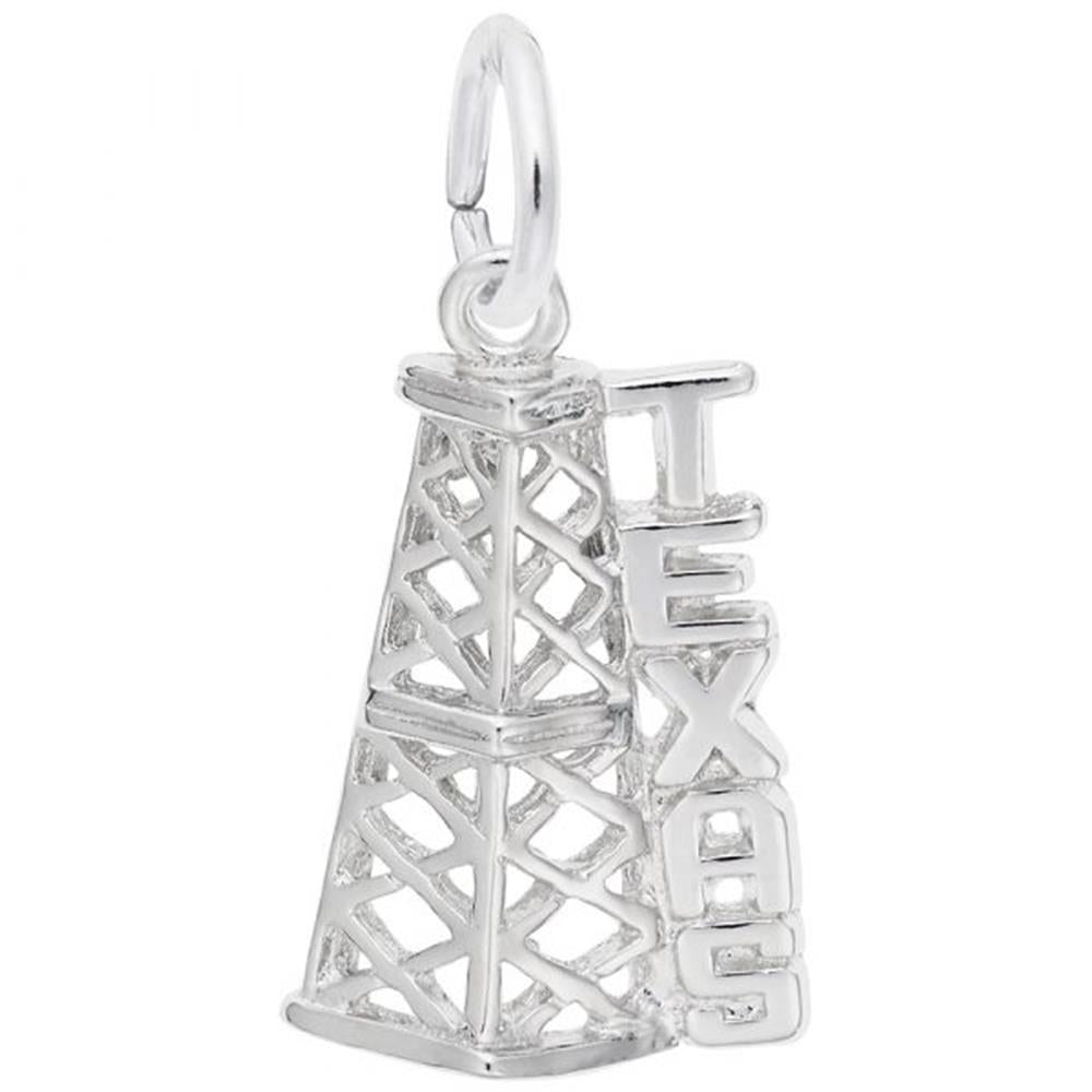 The Rembrandt Charms Texas Oil Rig Charm in sterling silver features a finely detailed oil derrick with the word "TEXAS" vertically engraved beside the structure in block letters. It includes a small loop at the top, perfect for attaching to a chain or bracelet.