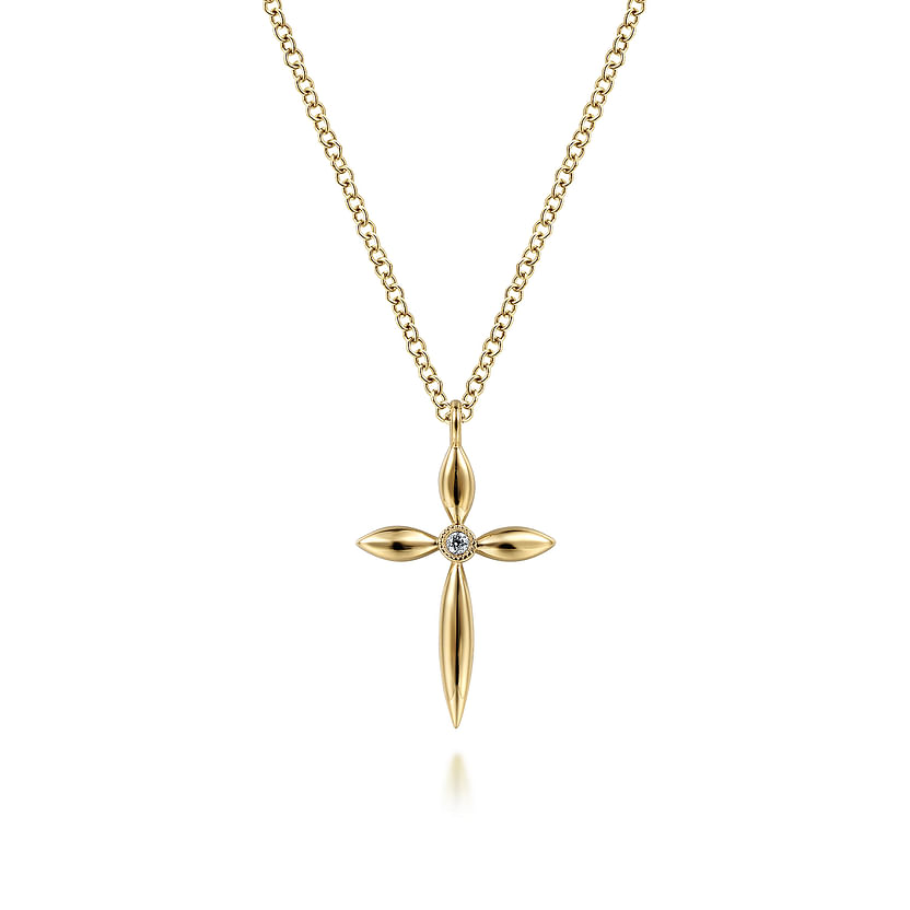 From Gabriel & Co's Faith Collection, the 14K Yellow Gold Diamond Cross Pendant Necklace showcases an elegant diamond cross with smooth, elongated petals and a sparkling center stone, displayed on a white background.