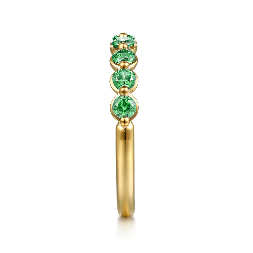 The Gabriel & Co 14K Yellow Gold Emerald Stackable Ring features five round green gemstones set in a row, shown vertically on a white background.