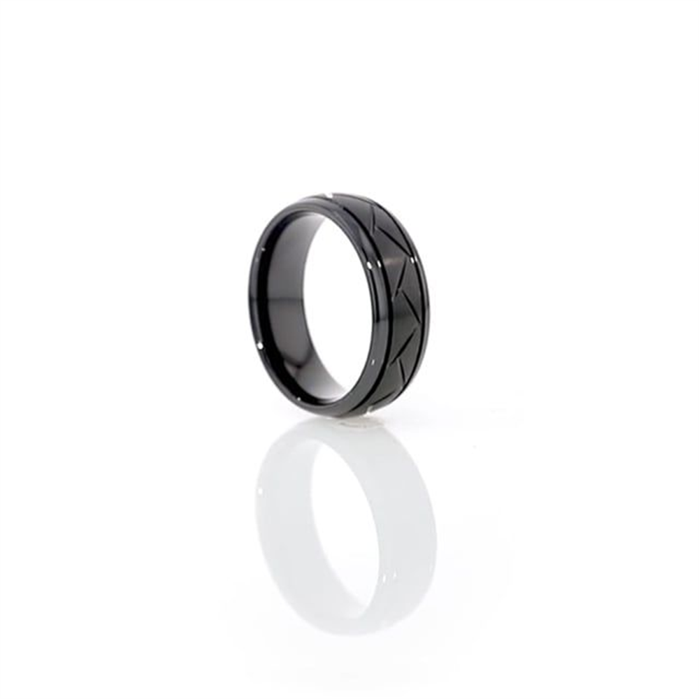 The ENIGMA Domed Black Tungsten Ring by Thorsten, featuring brushed cross alternating diagonal cuts on its 8mm surface, is displayed against a white background. The highly polished wedding band in size 10 casts a faint reflection.