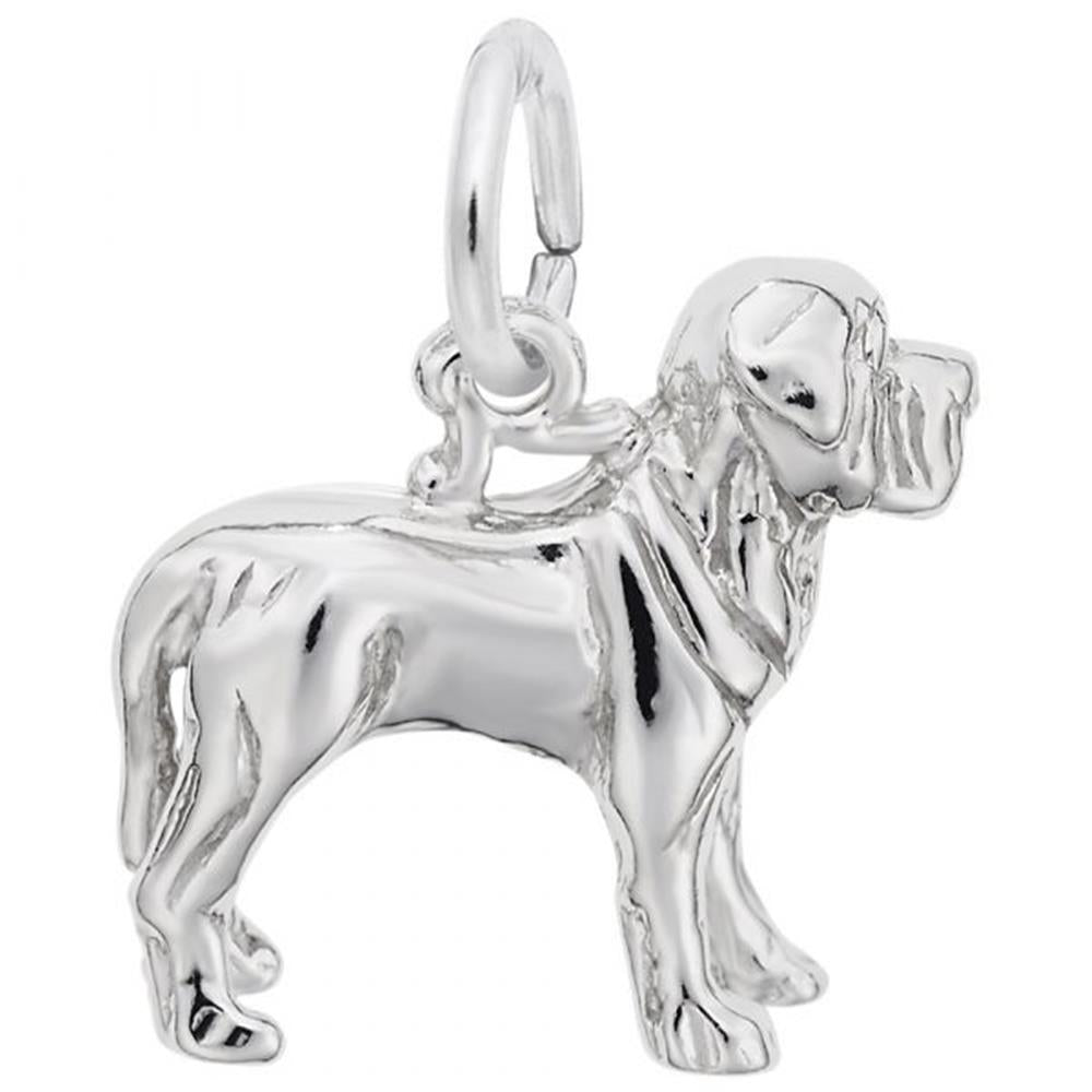The Rembrandt Charms Mastiff Dog Charm / Sterling Silver in the shape of a Mastiff, featuring detailed fur texture and a small loop at the top for attaching to a bracelet or necklace. The Mastiff is standing with its head and tail pointing to the right.