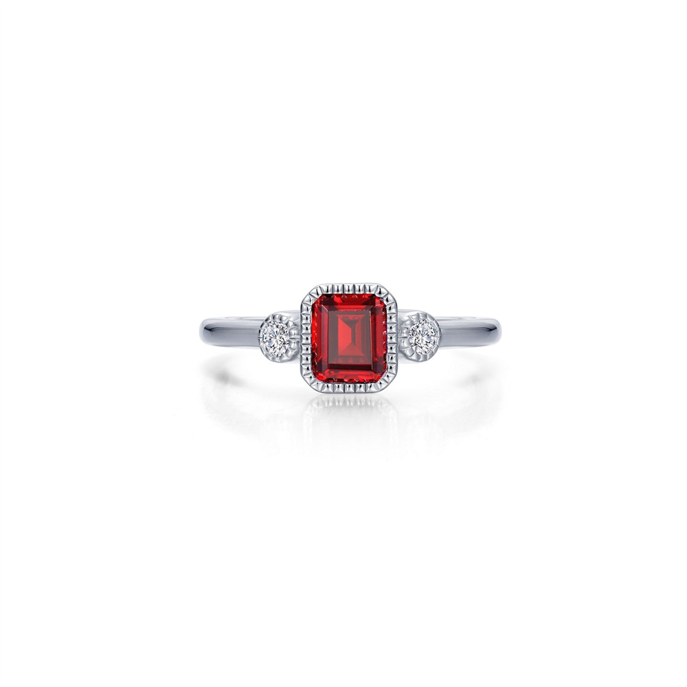 The Lafonn January Birthstone Ring, Size 6, showcases a striking large rectangular red garnet at its center, complemented by two small round simulated diamonds flanking each side. Its simple and polished band beautifully accentuates the vibrant red January birthstone.