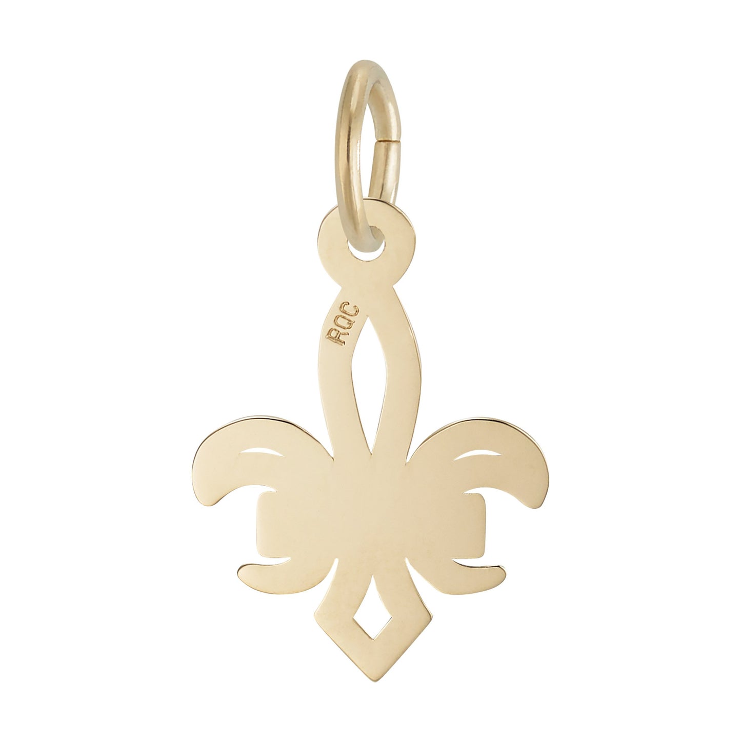 The Rembrandt Charms NOLA Fleur de Lis Charm- Gold Plated features a polished gold finish and a top loop for easy attachment to a necklace or bracelet—an elegant piece of classic New Orleans jewelry perfect for any fleur-de-lis lover.