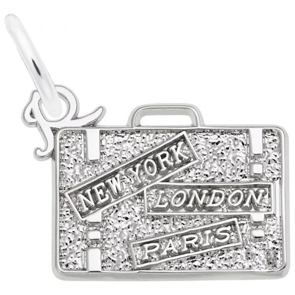 Introducing the Rembrandt Charms' Suitcase Charm, meticulously crafted from sterling silver with a textured surface. It showcases three elegant labels inscribed with "NEW YORK," "LONDON," and "PARIS." This exquisite piece of jewelry is suspended from a loop, making it ready to be attached to your favorite bracelet or necklace.