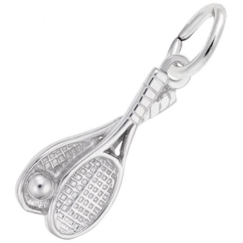 The Tennis Racquet Charm by Rembrandt Charms is made of sterling silver and features two crossed tennis rackets with a small, silver tennis ball positioned near the lower left racket. It has a loop at the top for easy attachment to bracelets or necklaces.