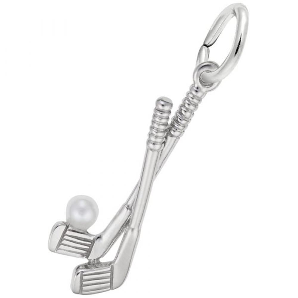 Introducing the Rembrandt Charms Golf Clubs With Ball Charm, a delicate sterling silver pendant featuring two crossed golf clubs complete with intricate grip and clubhead details. At the base of the clubs, a white pearl mimics a golf ball. The charm includes a circular loop at the top for easy attachment to a necklace or bracelet.