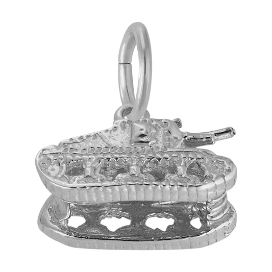 The Tank Charm- Sterling Silver by Rembrandt Charms features a detailed tank design resting on a decorative base, complete with a circular loop for easy attachment to a chain or bracelet—making it an ideal addition to any military jewelry collection or a meaningful gift for veterans.