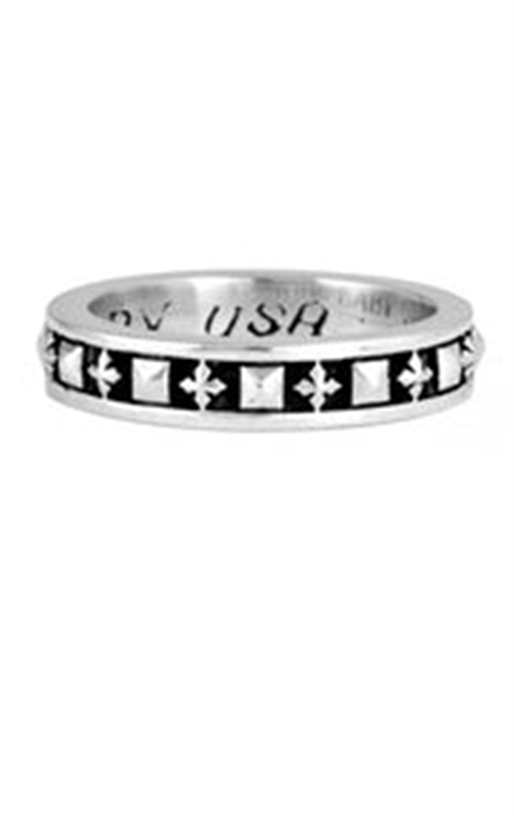 The King Baby SS stackable ring 10 is a silver piece that showcases a geometric pattern with black and silver square accents encircling the band. The inner side of this stylish and understated ring bears an inscription, and its design features a slightly raised profile.