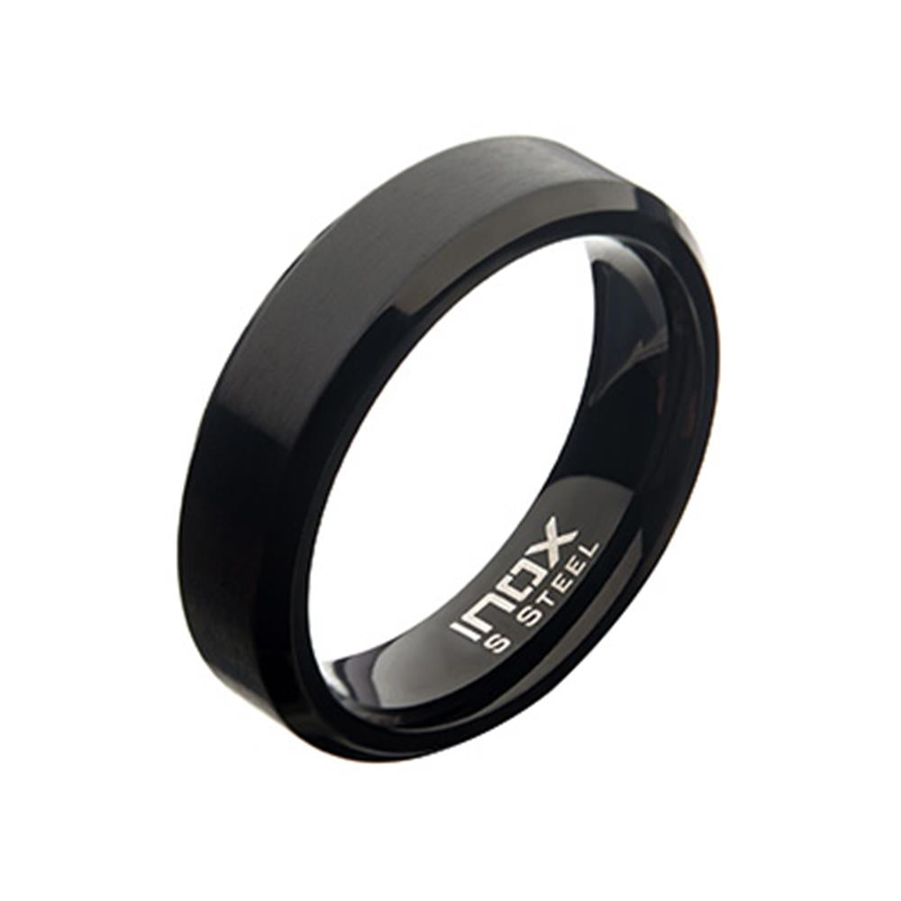 The Men's Stainless Steel 6mm Matte Black Plated Beveled Band Ring by INOX features a smooth, polished exterior and interior. The inside of the matte black band is engraved with the text "INOX S STEEL." Available in Size 10, this ring boasts a modern, minimalist design that is perfect for any occasion.