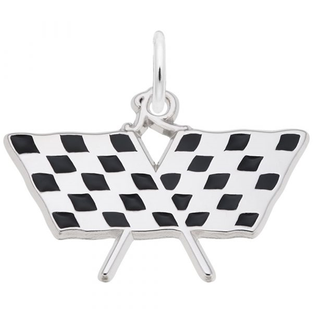 The Rembrandt Charms Racing Flag is a sterling silver charm with crossed racing flags in a black and white checkered pattern and includes a small loop for easy attachment to bracelets or necklaces.