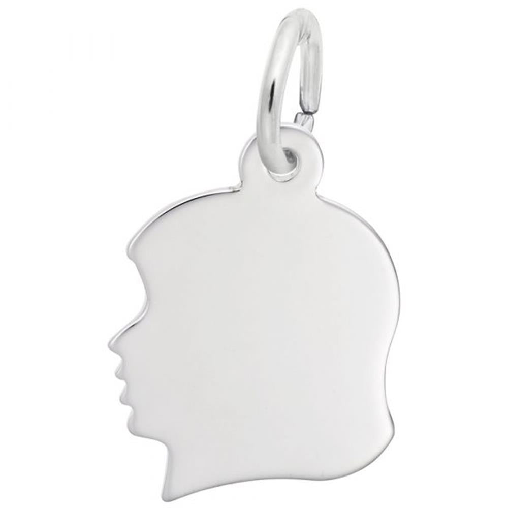 A Rembrandt Charms Girl's Head Charm / Sterling Silver. The head features subtle contours and is attached to a circular loop at the top, allowing it to be used as a pendant or keychain accessory.