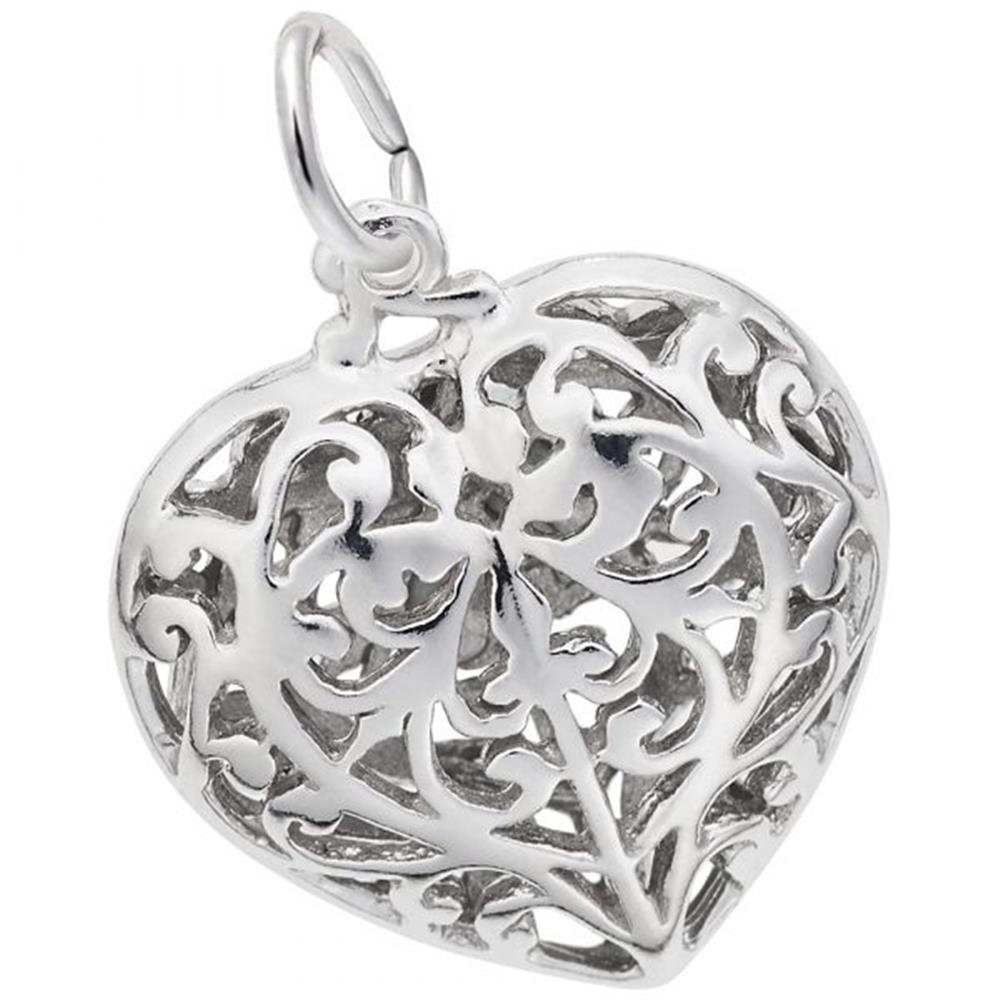 The Rembrandt Charms Filigree Heart Charm in sterling silver showcases an intricate openwork filigree design, adorned with delicate floral and swirling patterns. This exquisite charm also features a small loop at the top, perfect for attaching to a chain or bracelet.