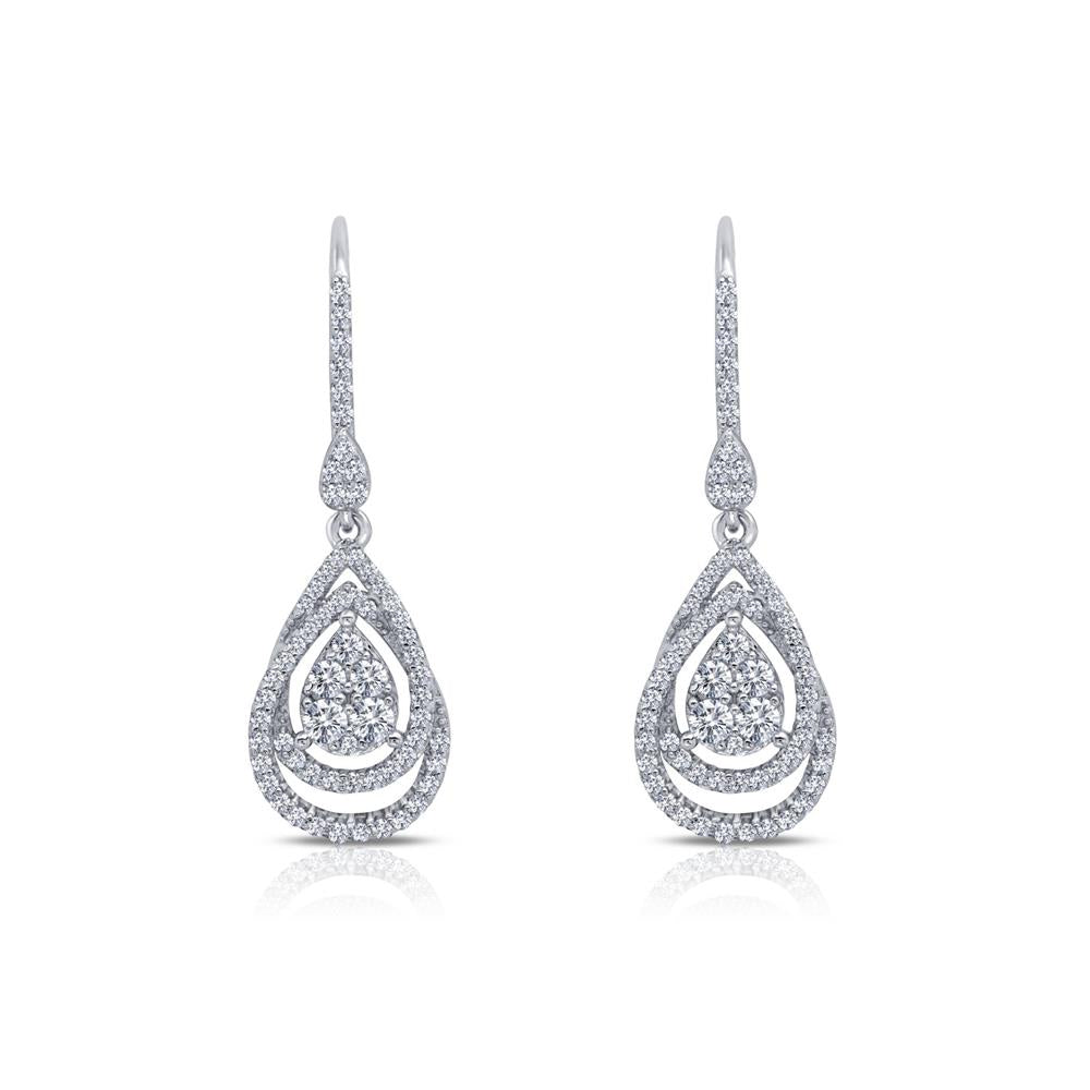 The Double Loop Drop Earrings by Lafonn are an elegant accessory encrusted with small diamonds. Featuring a teardrop-shaped design, they showcase a larger teardrop encircling a smaller one, both adorned with sparkling diamonds. Hanging from delicate hooks embellished with diamonds, these exquisite earrings are crafted in sterling silver.