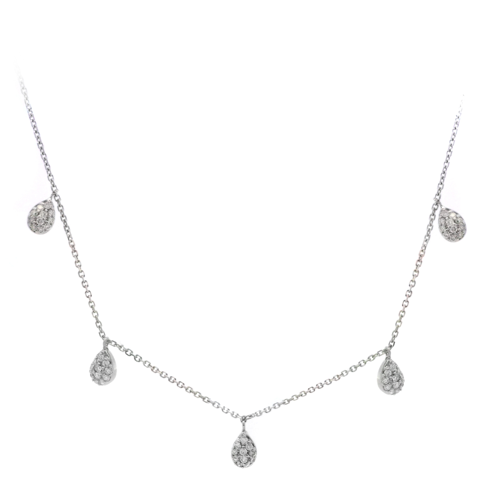 The Ryan Gems NW13606D necklace in white gold showcases five teardrop charms, each embellished with tiny diamonds totaling 0.40ct, evenly spaced along a delicate chain for an elegant and minimalistic appearance.