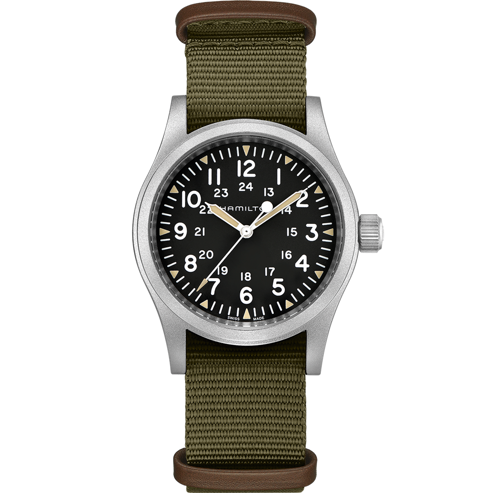 The Hamilton KHAKI FIELD MECH GN NATO H50 MOVEM wristwatch features a silver case and a dark green nylon strap. Its black dial is adorned with white Arabic numerals for hours (1-12) as well as a smaller inner ring for 13-24. The watch includes white hour, minute, and second hands with luminous accents for enhanced visibility. This model, UGLFVS7QF, is equipped with the H50 MOVEM movement for precision timing.