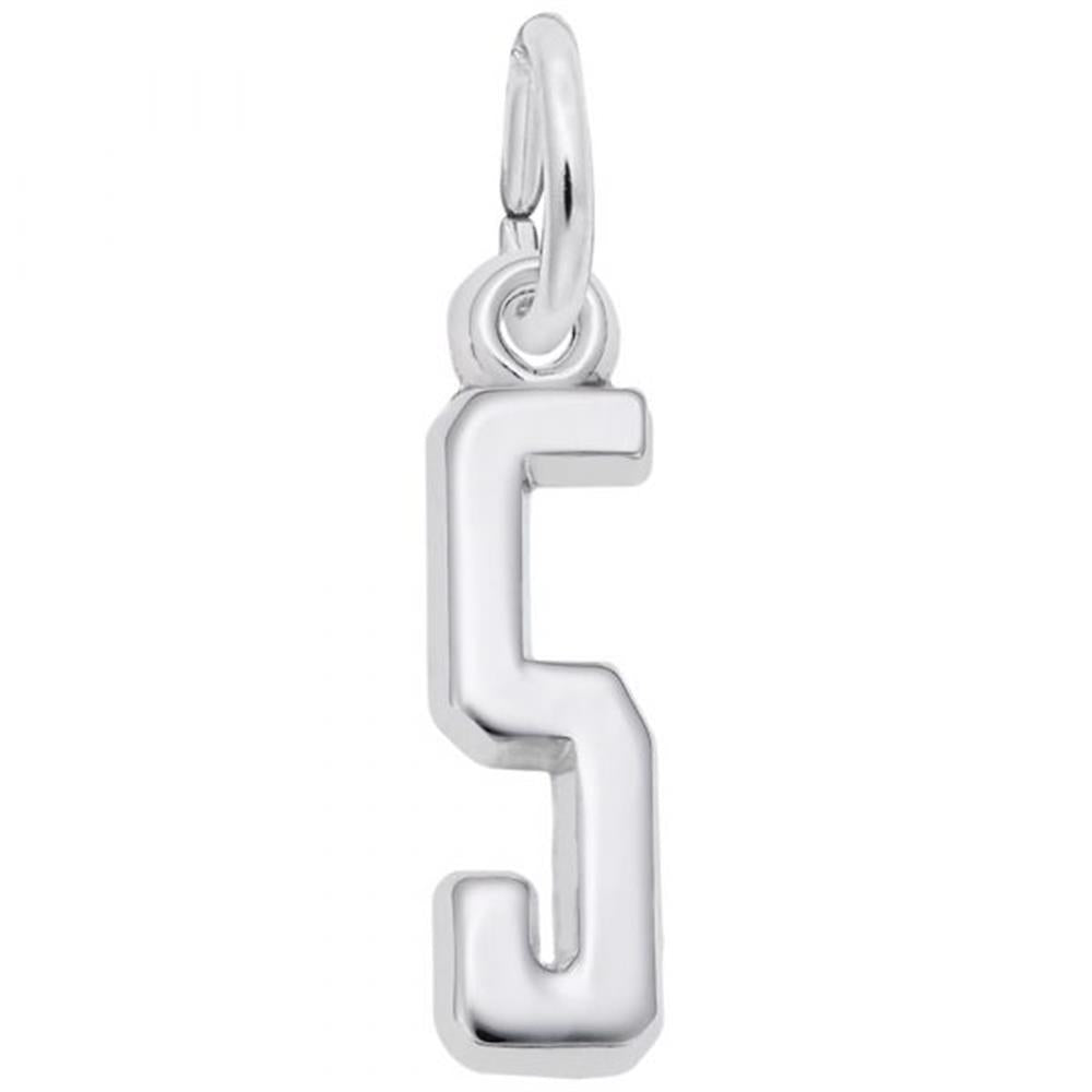 Introducing the Number 5 Charm from Rembrandt Charms: a sleek, modern pendant crafted from shiny sterling silver. This charm features the number 5 with a smooth, polished finish and includes a small, circular loop at the top for easy attachment to your favorite chain or bracelet.