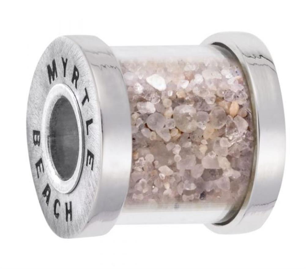 The Rembrandt Charms Myrtle Beach Sand Capsule Bead Charm, crafted from sterling silver, features a small cylindrical glass container with metal ends and is engraved with "Myrtle Beach." Inside, it's filled with tiny grains of sand, serving as a cherished souvenir from Myrtle Beach.