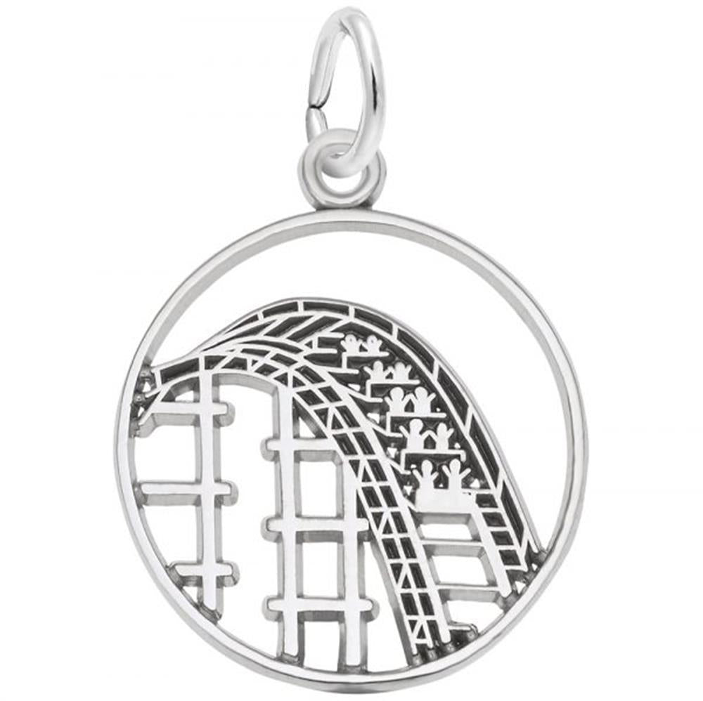 The Rembrandt Charms Roller Coaster Charm in sterling silver showcases a finely detailed roller coaster design, complete with visible tracks and supports. Featuring two loops within its round frame, this eye-catching pendant comes with a small loop at the top for easy attachment to a necklace or bracelet.