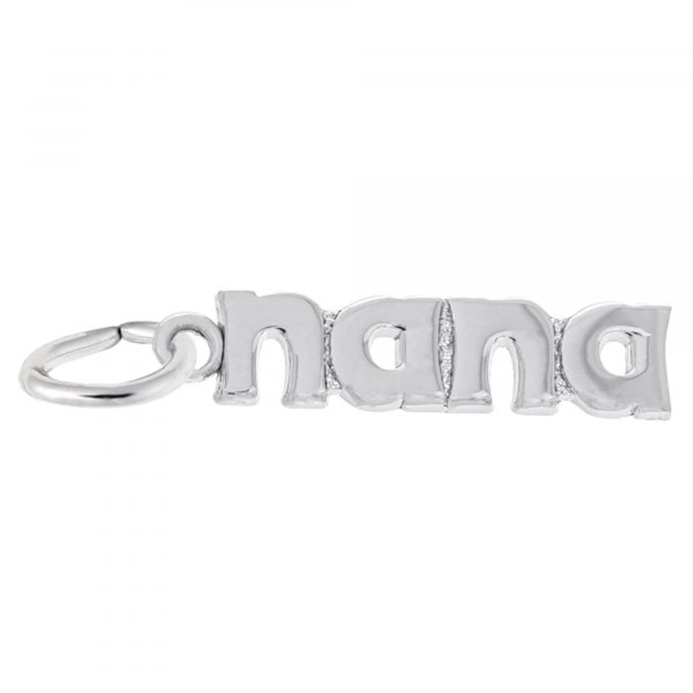 The Rembrandt Charms' Nana Charm in sterling silver features "nana" written in lowercase letters. This charming pendant includes an attached loop, perfect for threading onto a necklace or bracelet.