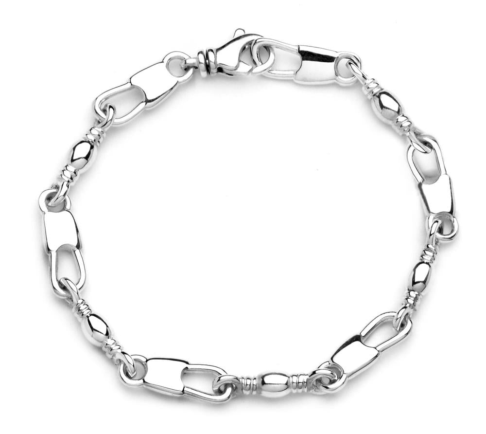 The Denali Pro Jewelers "Fisher of Men" bracelet features a design with elongated rectangular links complemented by small oval and round beads. It measures 8.75 inches in length, has a width of 6.5mm, and is secured with a swivel lobster clasp. This simple yet elegant accessory is perfect for any occasion.